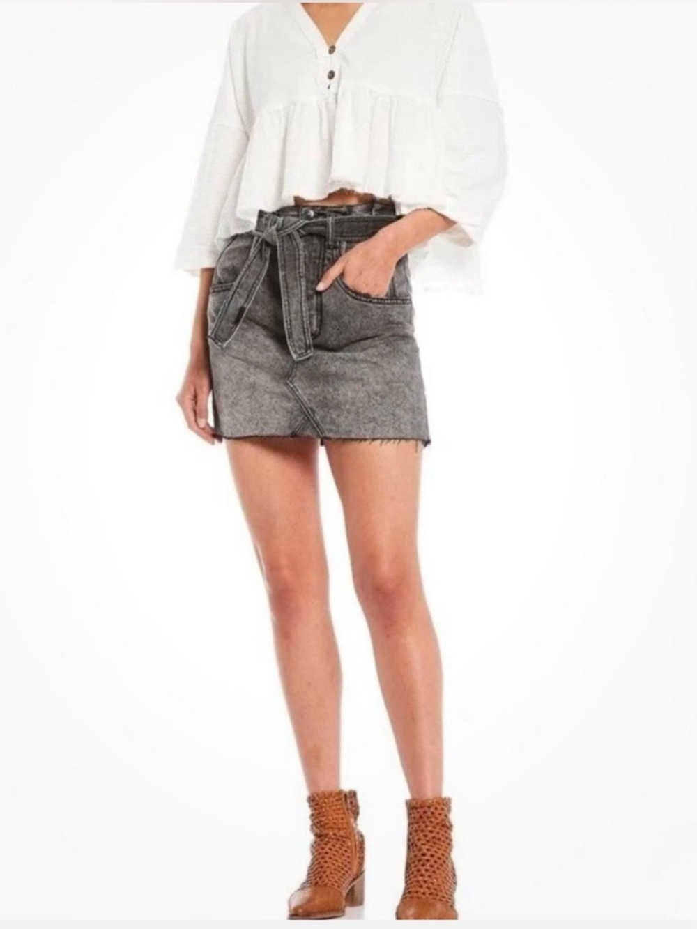 We The Free FP East of Eden Belted Denim Mini Skirt in Washed Black size 25